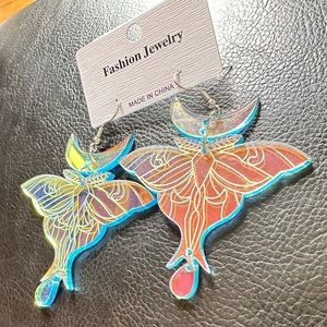 Colorful laser magic acrylic moth earrings, NWT